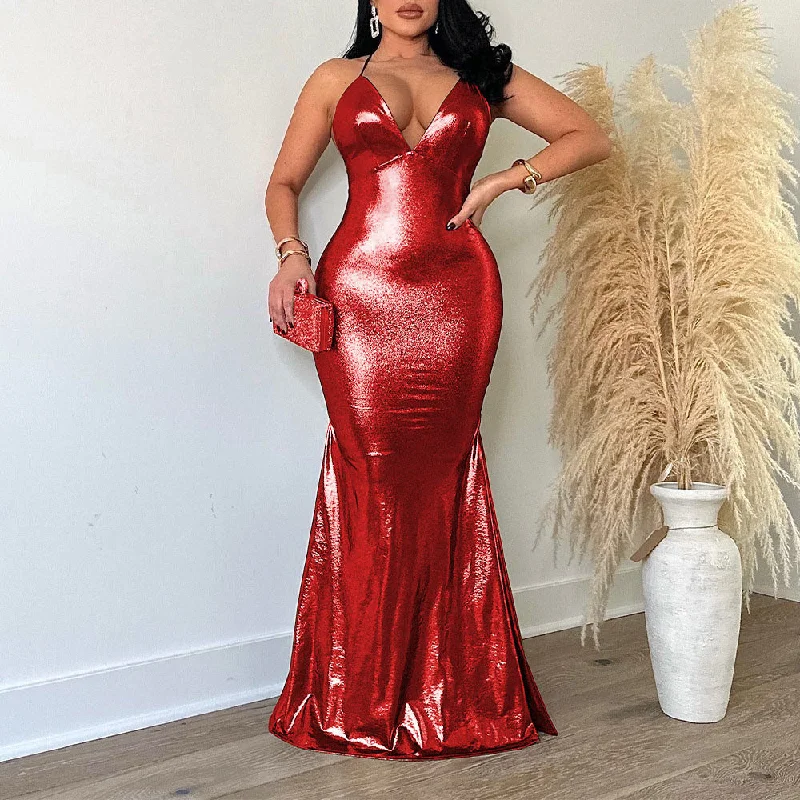 Steals and Deals Await!MALYBGG V-neck Metallic Spaghetti Strap Bodycon Gown 264LY