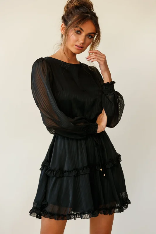 Unbeatable Prices!Mildred Long Sleeve Shirred Waist Frill Dress Black