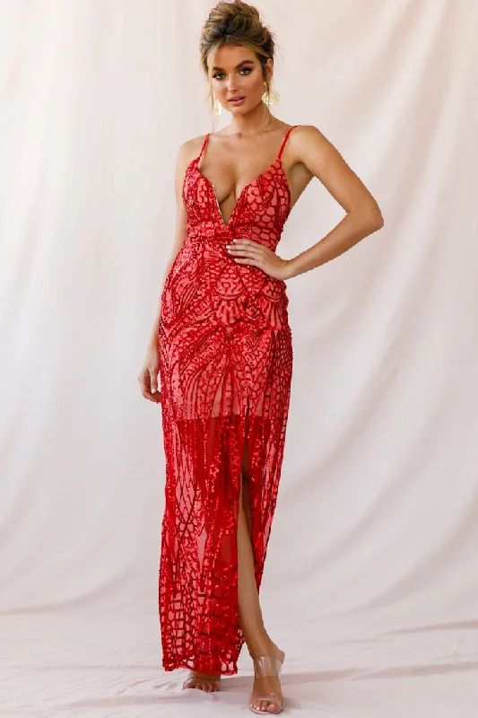 Save More with Every Purchase!Miya Sequin Overlay Plunging Neckline Dress Red
