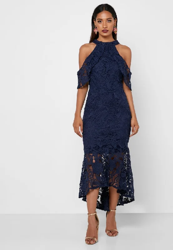 Your Dream Deal is Here!Navy Guipure Neck Low High Dress