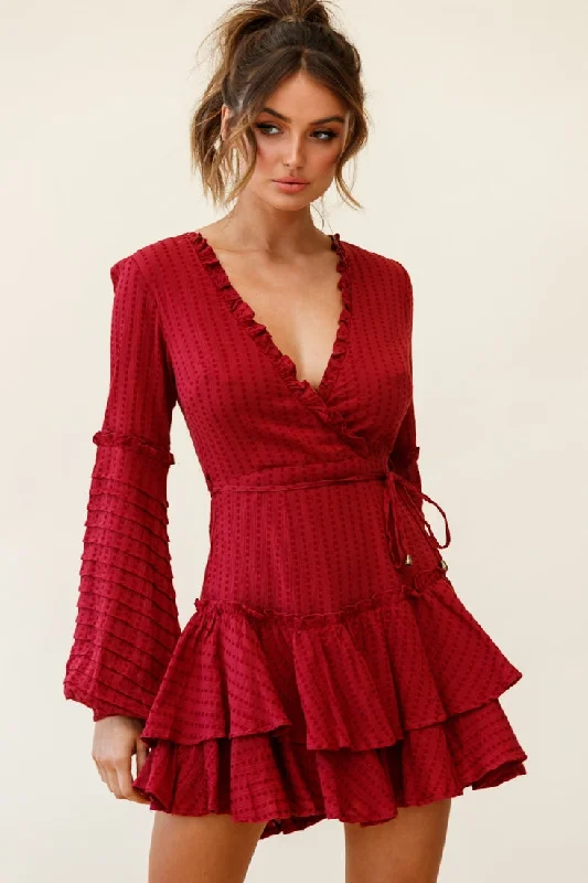 Mega Sale Happening Now!Neve Balloon Sleeve Layered Ruffle Hem Dress Wine