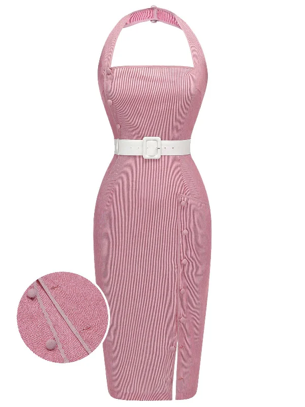 Save More Than Ever!Pink 1960s Halter Stripes Belted Bodycon Dress