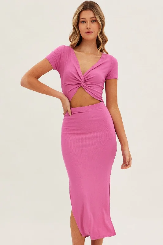 Don't Miss Out!Pink Bodycon Dress Rib Twist Front Cut Out Short Sleeve