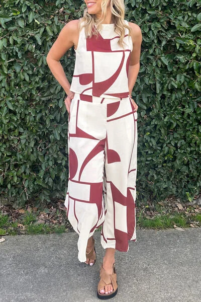 Mega Sale Happening Now!Printed Round Neck Tank and Pocketed Pants Set
