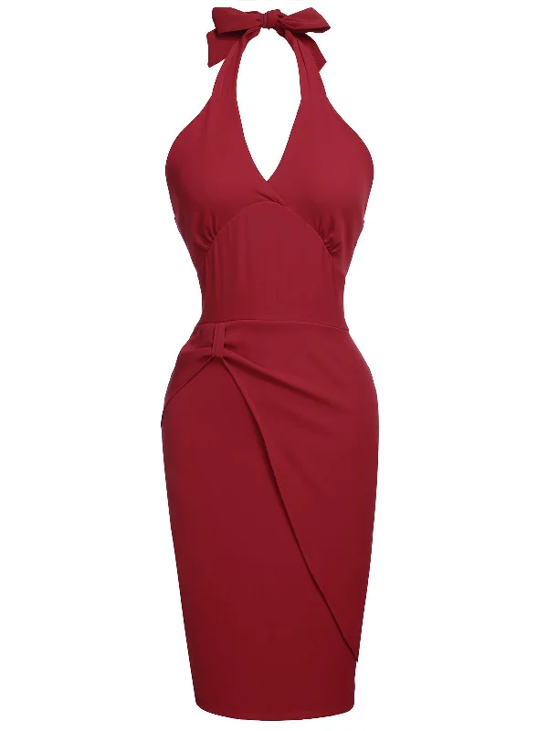 Your Shopping Spree Starts Here!Red 1960s Solid Halter Bodycon Dress