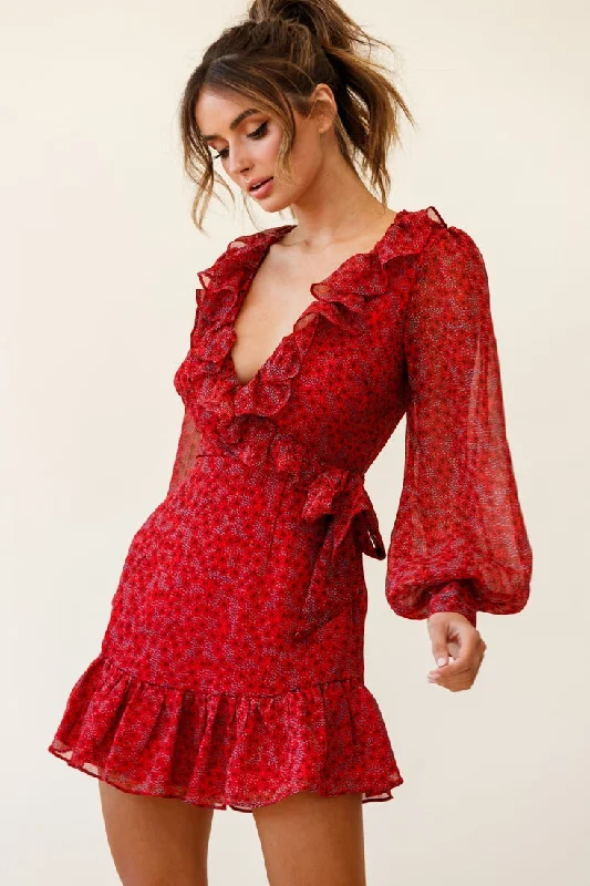 Stock Up and Save!Regina Long Sleeve Ruffle Neckline Dress Flower Print Red