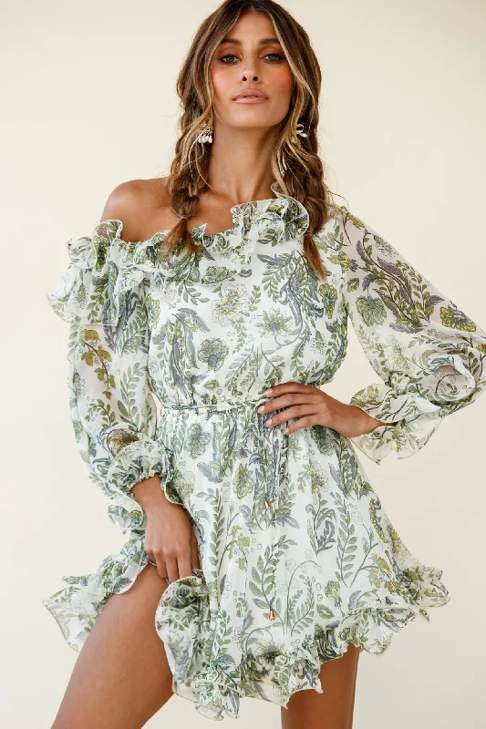 Get the Best for Less!Rhiannon Off-Shoulder Lettuce Frill Dress Floral Print White