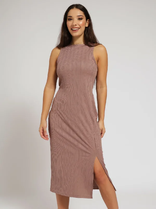 Buy One, Get One Free!Ribbed Basic Side Slit Bodycon Dress - Beige