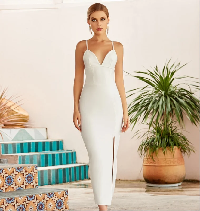 Save Like Never Before!RO New Summer Women White Bodycon Bandage Sexy V Neck Spaghetti Strap Club Celebrity Evening Runway Party Long Dresses For Women Save Like Never Before!RO New Summer Women White Bodycon Bandage Sexy V Neck Spaghetti Strap Club Celebrity Evening Runway Party Long Dresses For Women
