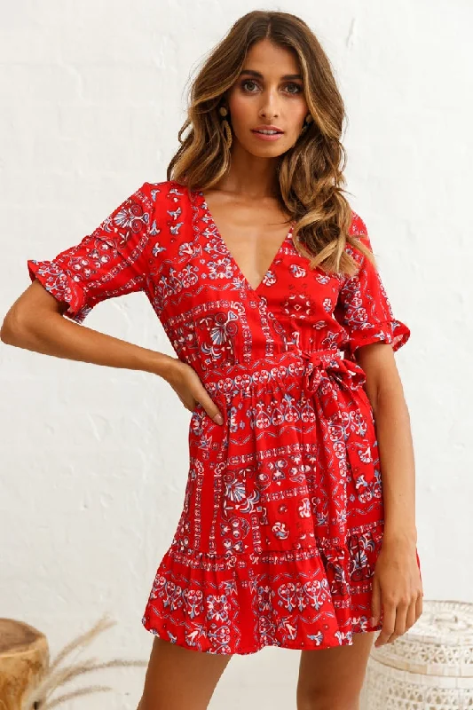 Get the Best for Less!Rubi V-Neckline Wrap Dress Pattern Print Red