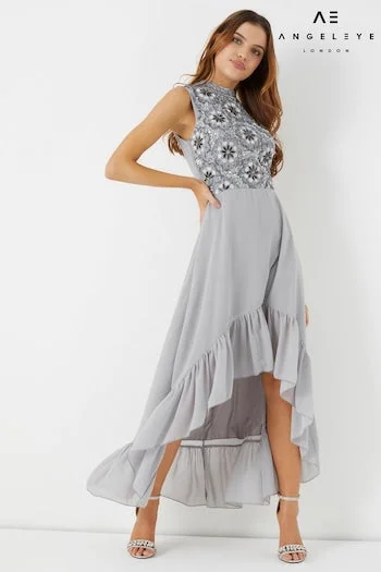 Biggest Sale of the Season!Silver High Neck Embroidered High Low Dress