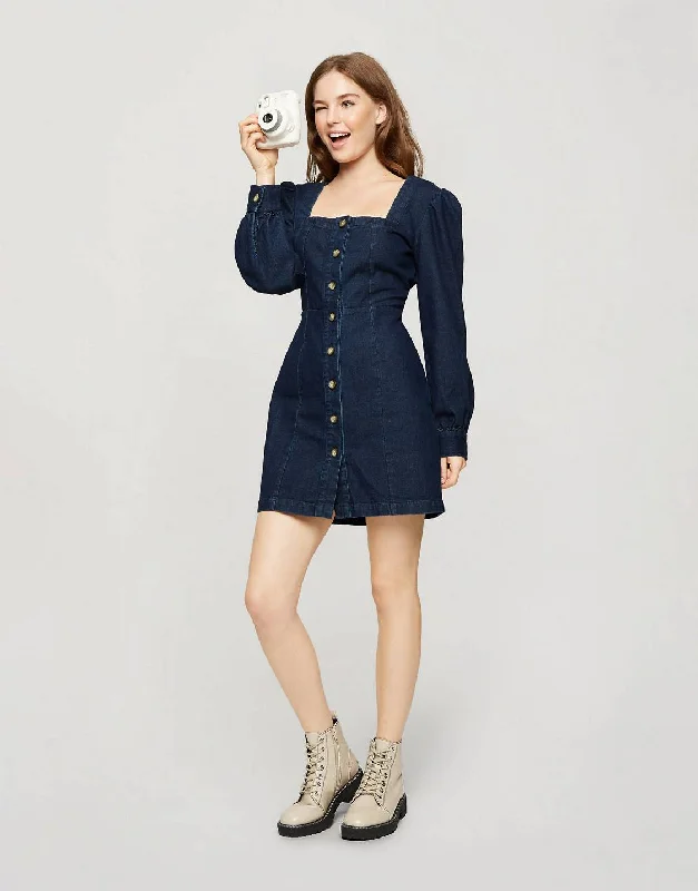 Limited-Time Price Drop!Square Neck Denim Dress Blue