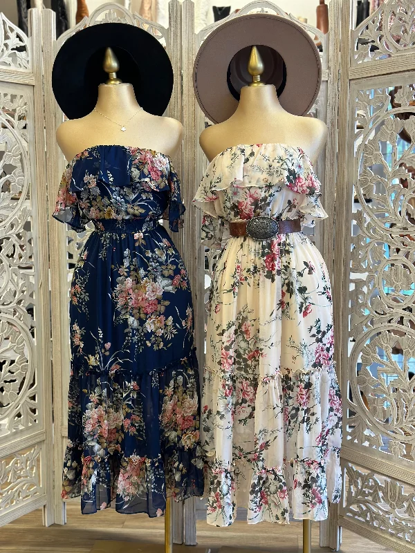 Limited Stock Available!Limited Stock Available!Strapless Ruffle Floral Dress- Stretchy