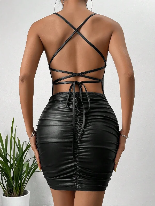 Get More, Spend Less – Shop Now!SXY Lace Up Backless Ruched PU Leather Bodycon Dress Get More, Spend Less – Shop Now!SXY Lace Up Backless Ruched PU Leather Bodycon Dress