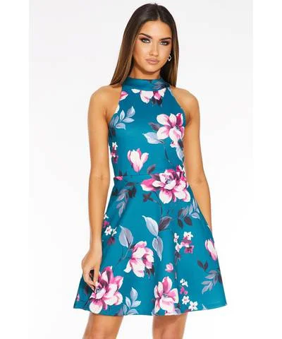 Save More When You Shop More!Teal Floral Print Skater Dress