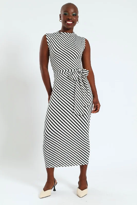 Shop the Hottest Deals!Tie Detail Slinky Hi Neck Bodycon Dress - Black/White