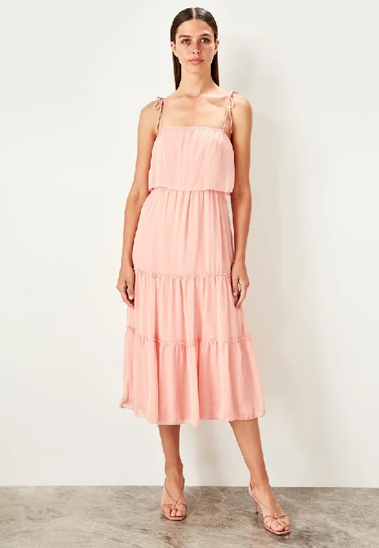 The Sale You’ve Been Waiting For!Tie Shoulder Pleated Dress Pink