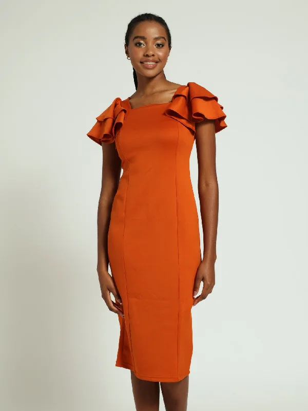 The Sale You’ve Been Waiting For!Wide Frill Sleeve Bodycon Dress - Rust