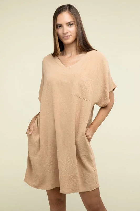 Your Dream Deal is Here!Woven Airflow V Neck T-Shirt Dress with Pockets NEW