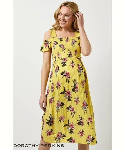 Savings You Can’t Ignore!Yellow Maternity Shirred Floral Print Dress