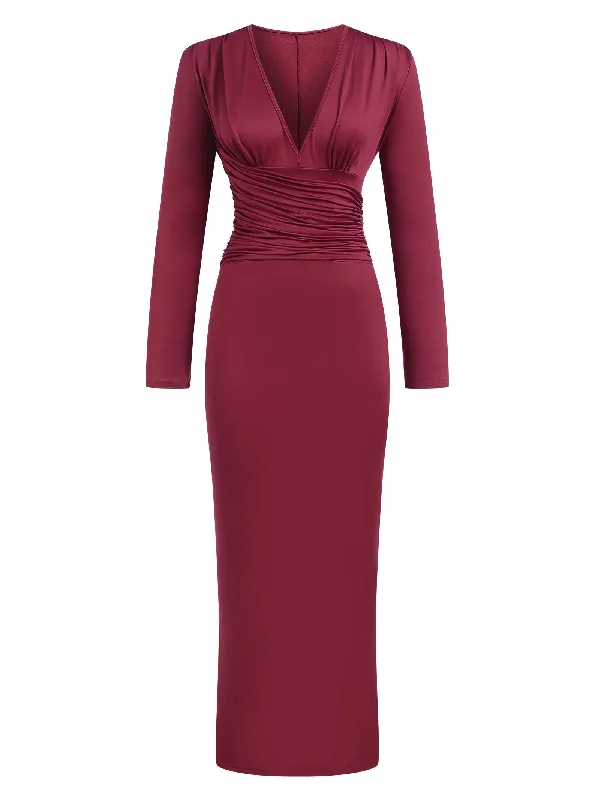 Great Deals, Just for You!Great Deals, Just for You!1930s Solid Pleated Waist V-Neck Bodycon Dress