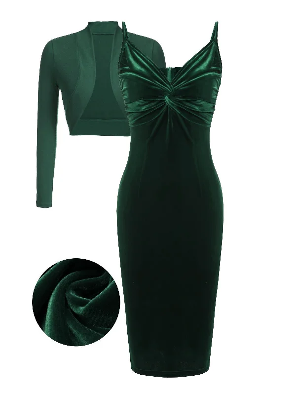 Get the Best for Less!2PCS Green 1960s Velvet Bodycon Dress