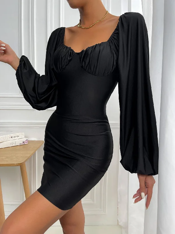 Massive Price Cuts!KittenAlarm - Ruched Bust Lantern Sleeve Bodycon Dress