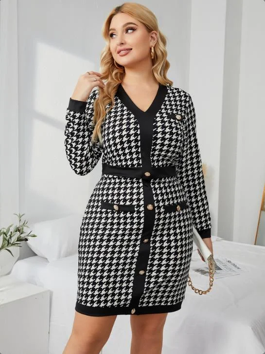 Crazy Discounts Inside!KittenAlarm - Plus Houndstooth Fake Button Bodycon Dress