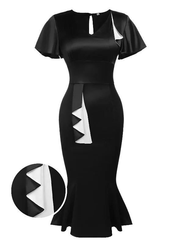 Save Money, Shop Happy!Black 1960s Patchwork Fishtail Bodycon Dress