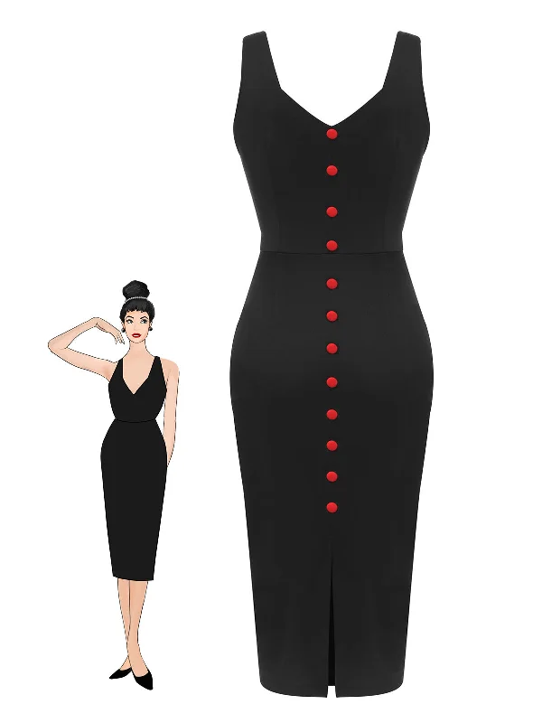 Only a Few Left – Order Now!Black 1960s V-Neck Solid Bodycon Dress