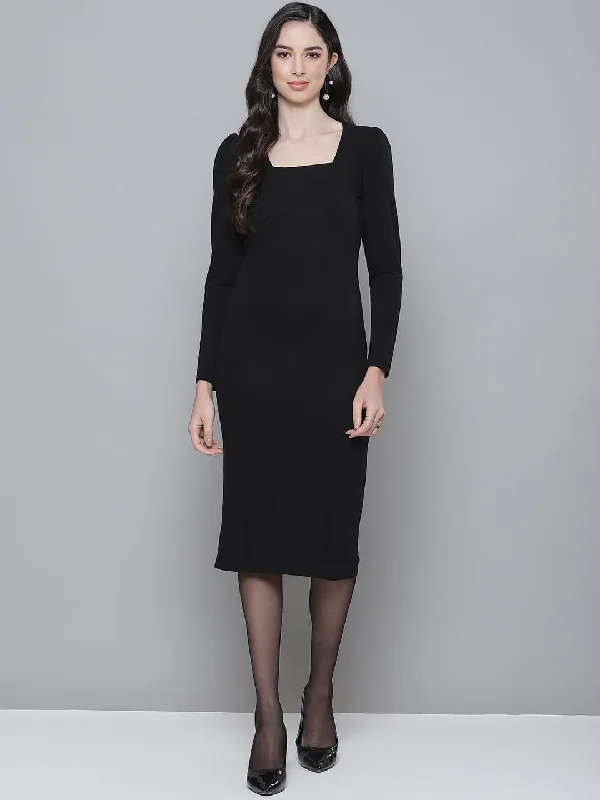 Limited Stock Available!Limited Stock Available!Black Rib Puff Sleeves Square Neck Bodycon Dress
