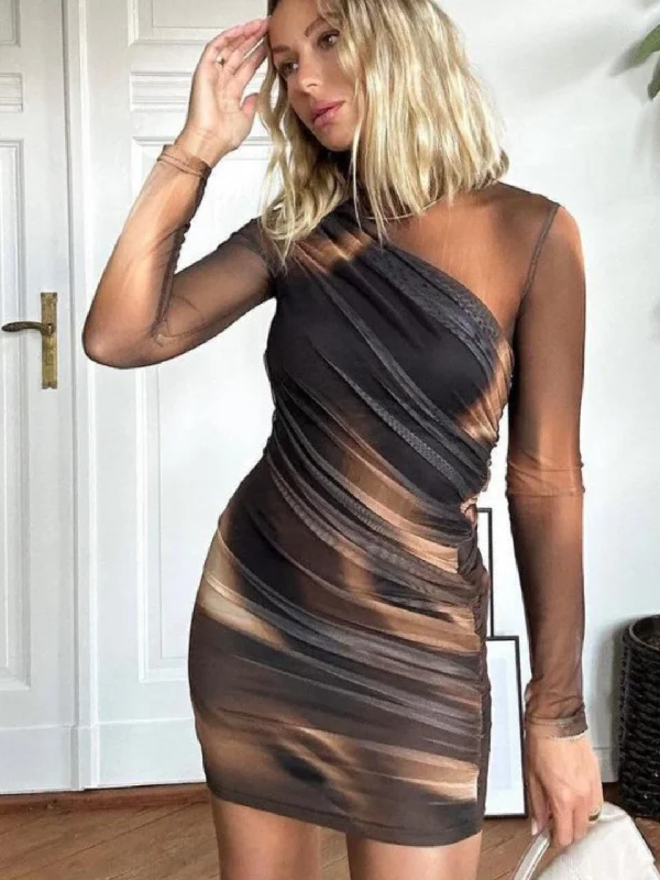 Your Wallet Will Thank You!Brown Tie Dye Mesh Full Sleeves Bodycon Dress