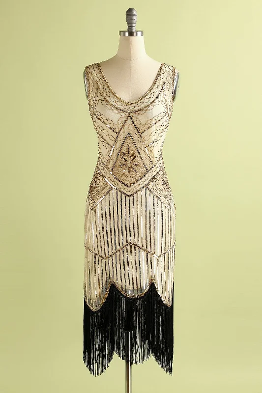 Limited Edition, Limited Price!Champagne and Black Sequin Bodycon 1920s Dress