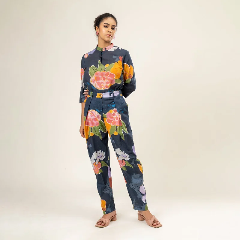 Bigger Savings, Better Shopping!Upcycled Cotton Blue Pants for Women | Floral Print