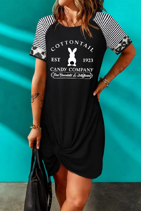New Discounts Just Dropped!Easter Letter Graphic Mixed Print Twisted T-Shirt Dress