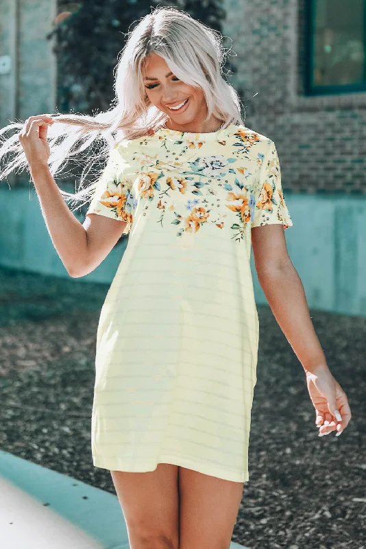 Save More with Every Purchase!Floral Striped Short Sleeve Round Neck T-Shirt Dress