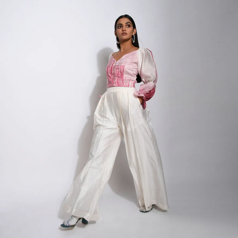 Crazy Discounts Inside!Handwoven Chanderi Silk White Flared Pleated Pants