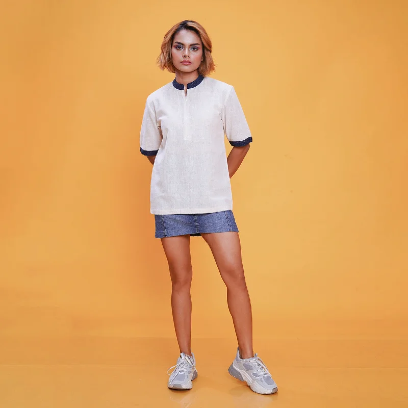 Limited Stock Available!Kala Cotton T-Shirt for Women | Off-White | Indigo Collar