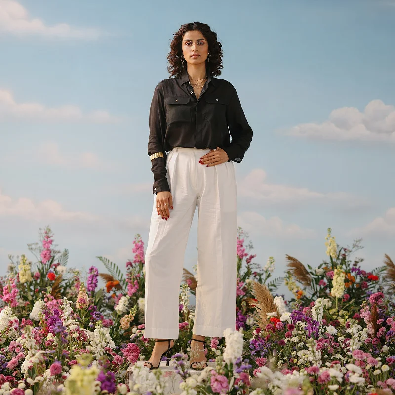 Limited Stock Available!Handwoven Cotton Pleated Trousers For Women | White