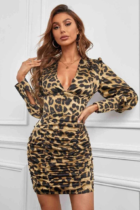 Best Offers of the Month!Leopard Deep V Ruched Bodycon Dress
