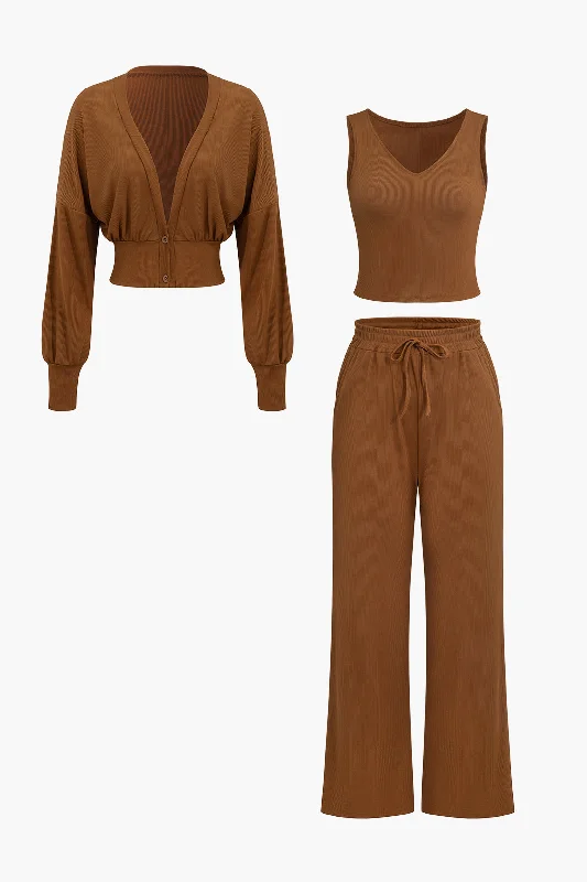 The Best Deals Won’t Wait!V-neck Tank Top And Button Up Long Sleeve Cardigan And High Waist Drawstring Straight Leg Pants 3pc Set The Best Deals Won’t Wait!V-neck Tank Top And Button Up Long Sleeve Cardigan And High Waist Drawstring Straight Leg Pants 3pc Set