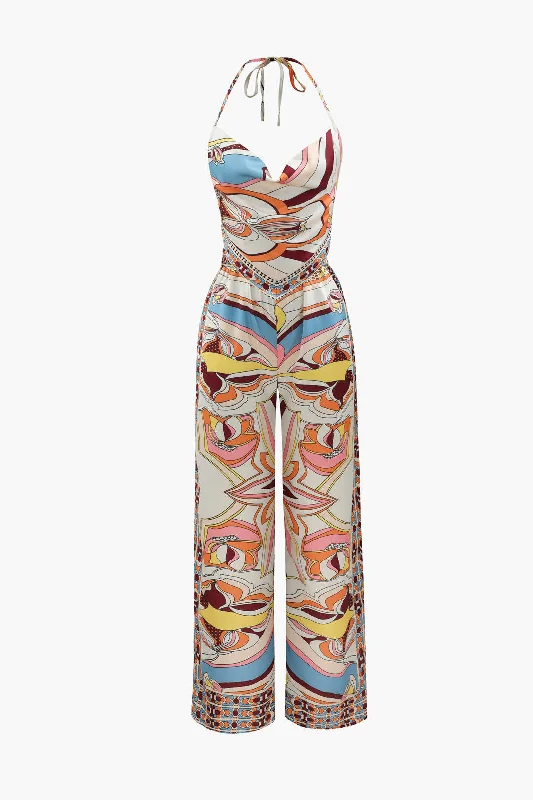 Save More When You Shop More!Printed Satin Halter Tie Cami And Wide Leg Pants Set