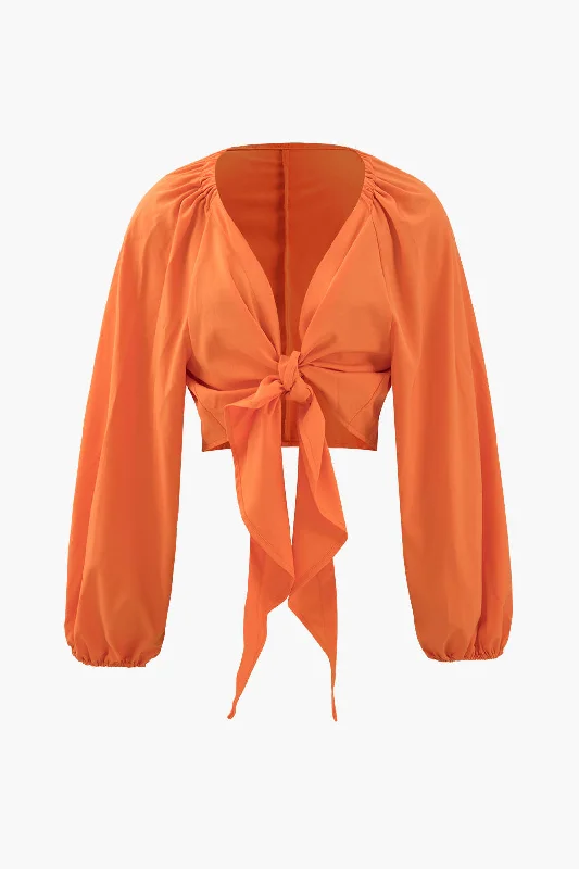 Crazy Discounts Inside!Knot Front Blouse And Leaves Print Wide Leg Pants Set