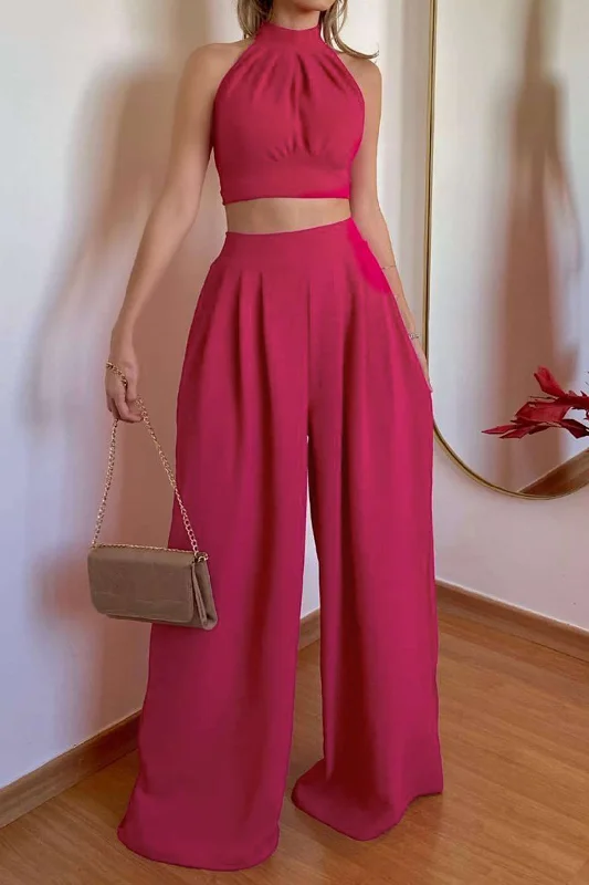 Your Dream Deal is Here!Halter Neck Backless Top And Pleated Pants Set