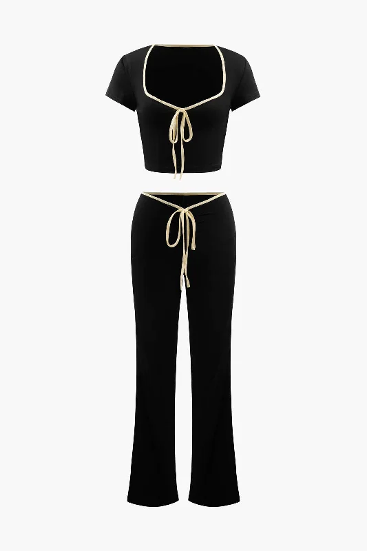 Best Price of the Season!Contrast Binding Square Neck T-Shirt And Bootcut Pants Set