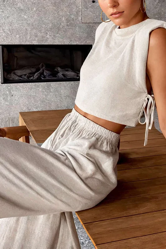 Massive Price Cuts!Linen Padded-Shoulder Tie Side Top And Drawstring Pants Set