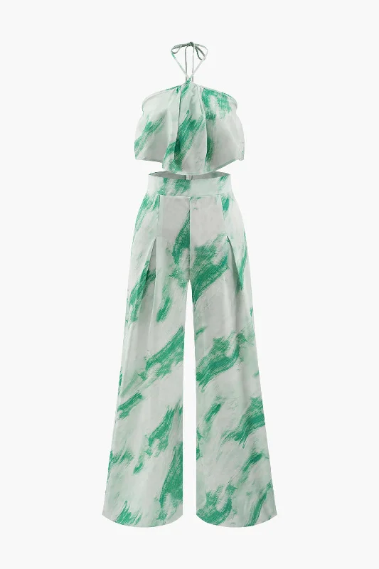 Score Big Savings Today!Tie Dye Halter Top And Pleated Wide Leg Pants Set
