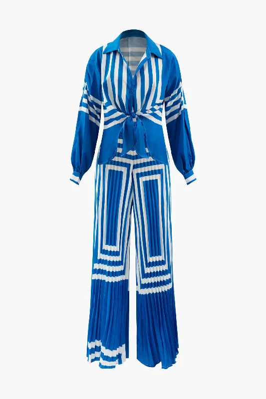 Steals and Deals Await!Geometric Print Knot Front Shirt And Pleated Pants Set