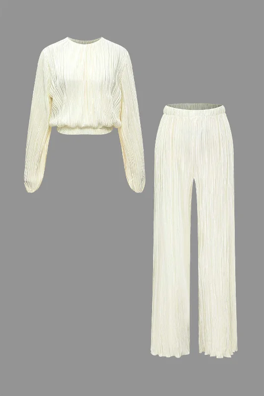 Price Drop Alert!Plisse Pullover Top And Straight Leg Pants Set