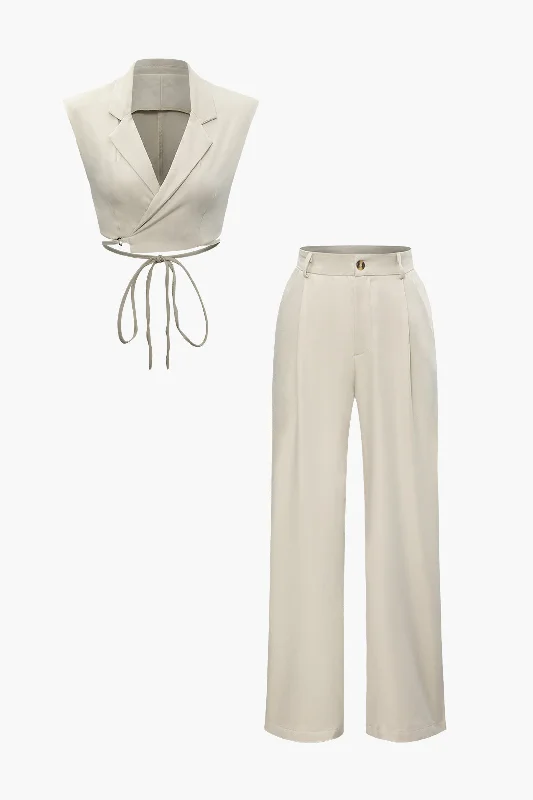 Buy More, Pay Less!Notched Lapel Tie Back Vest And Straight Leg Suit Pants Set